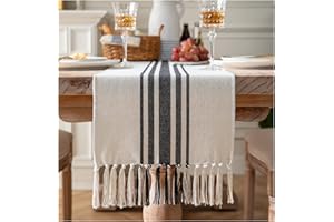 CAFLIFE Boho Table Runner for Modern Farmhouse Decor, Dining Table décor 13 x 90 Inch Long, Coffee Table Runner with Handcrafted Tassels, Black and Beige Stripe Table Runner for Home Boho décor