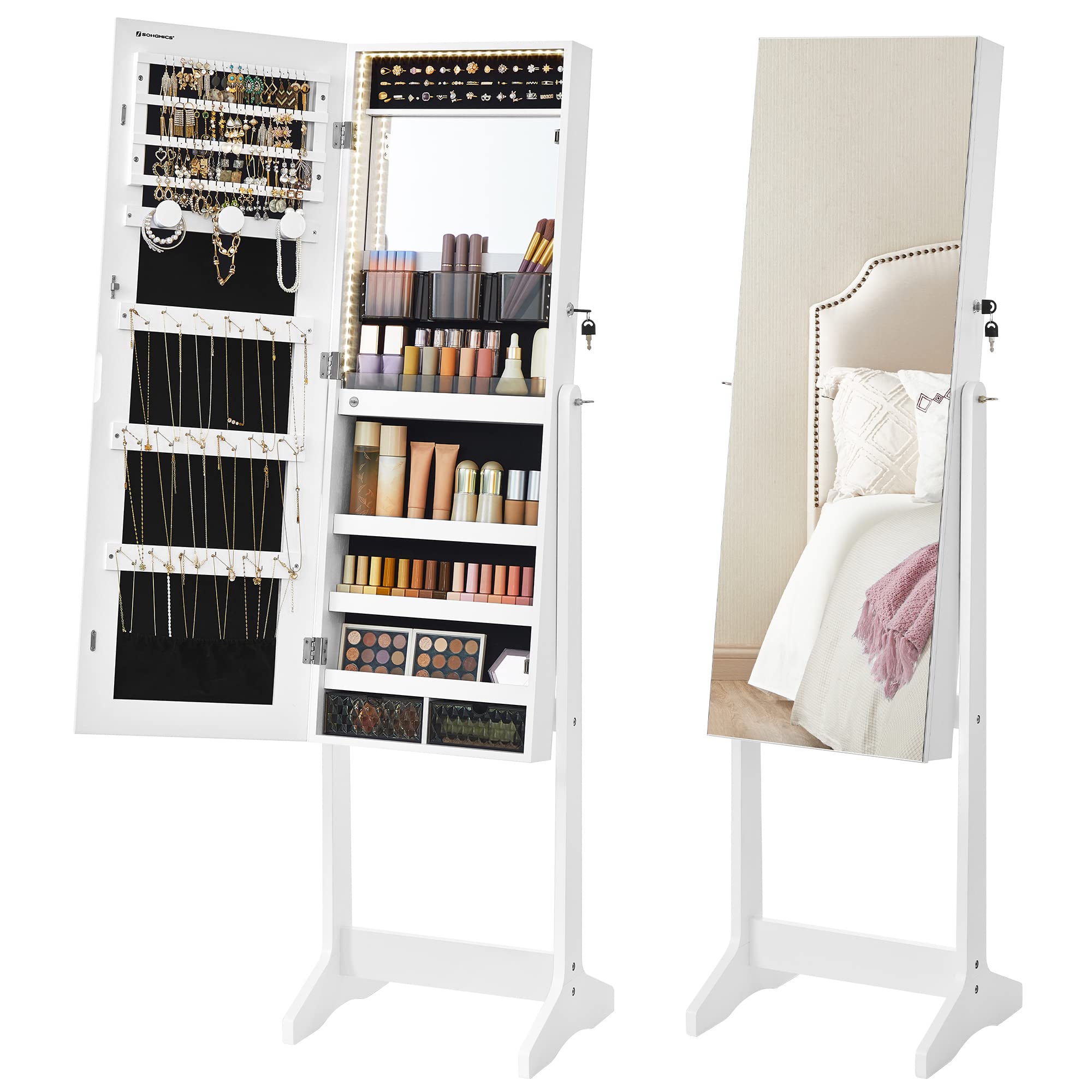 Photo 1 of SONGMICS Mirror Jewelry Cabinet Standing Armoire Organizer, Jewelry Storage with Full-Length Frameless LED Lights, Built-in Makeup Mirror, 2 Drawers, Lockable, White 