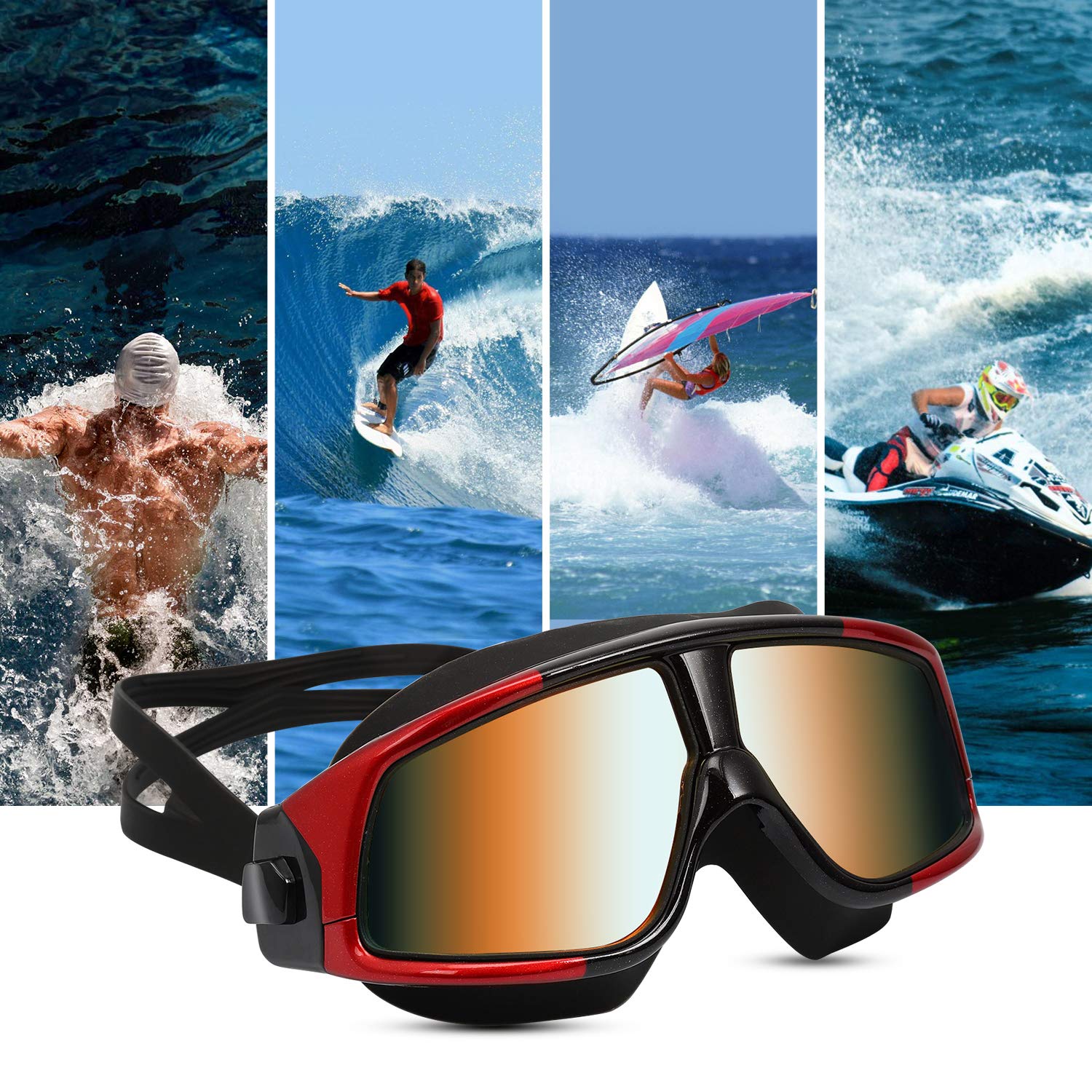 iOutdoor Products Swim Goggles Anti Fog Leakproof Large Frame,Swimming Glass UV Protection with Wide Vision And Soft Silicone Nose Bridge for Adult Youth Women Men (Black&Red)