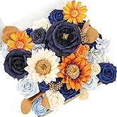 TINGE TIME Artificial Flowers Burnt Orange & Navy Blue Flower Combo for DIY Wedding Bouquets Table Centerpieces Arrangements Party Baby Shower Home Fall Decorations