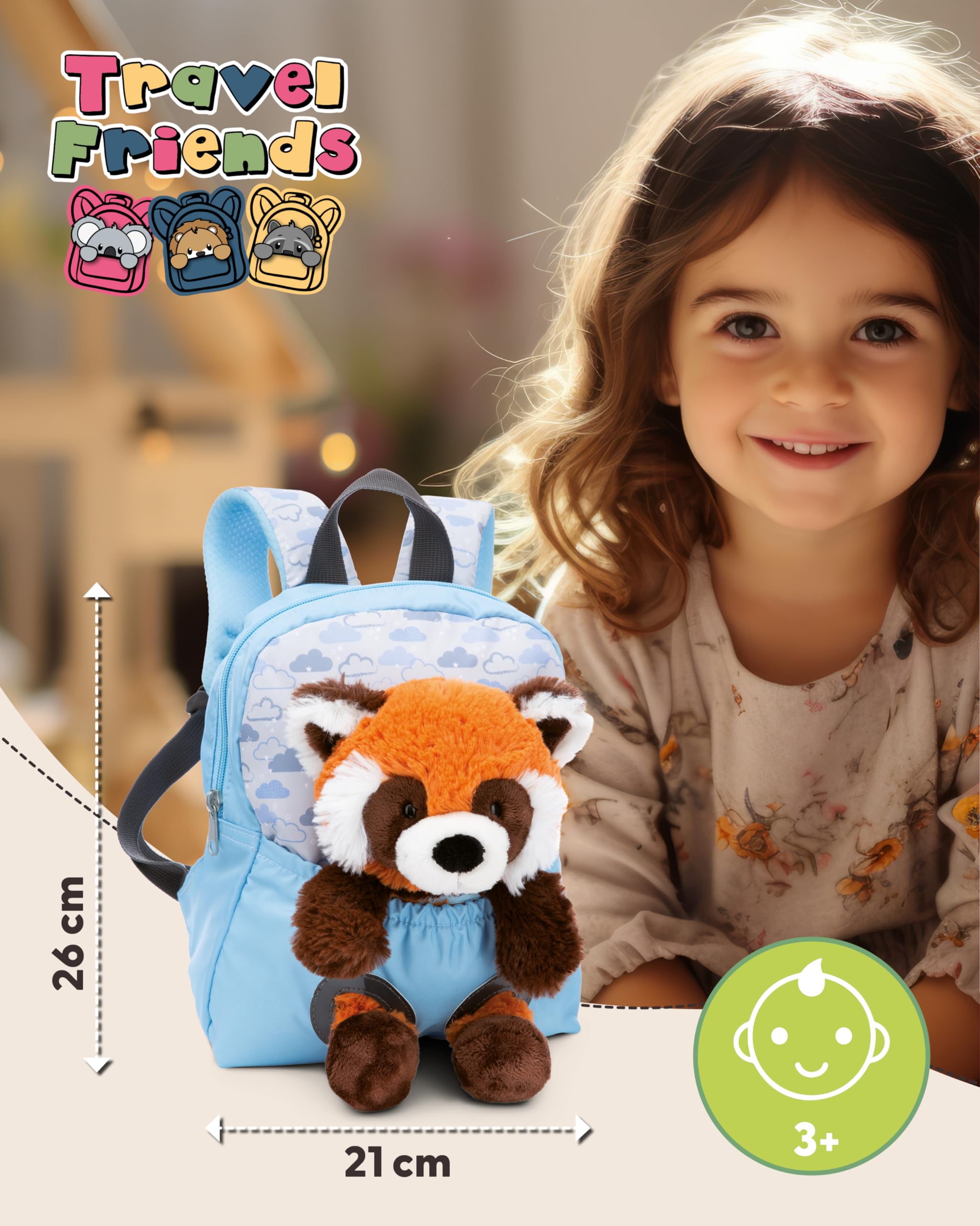 NICI Kinderrucksack blau 2 in 1 mit Kuscheltier Roter Panda 25cm - Kindergartenrucksack Mädchen & Jungen - Weicher Rückenbereich & verstellbare Gurte - 49852 2