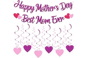 LEVVCIRKI Happy Mother's Day Decorations Happy Mother’s Day Best Mom Ever Banner Heart Hanging Swirls Flower Love Crown Themed Party Decorations for Women Happy Mother's Day Celebration Supplies