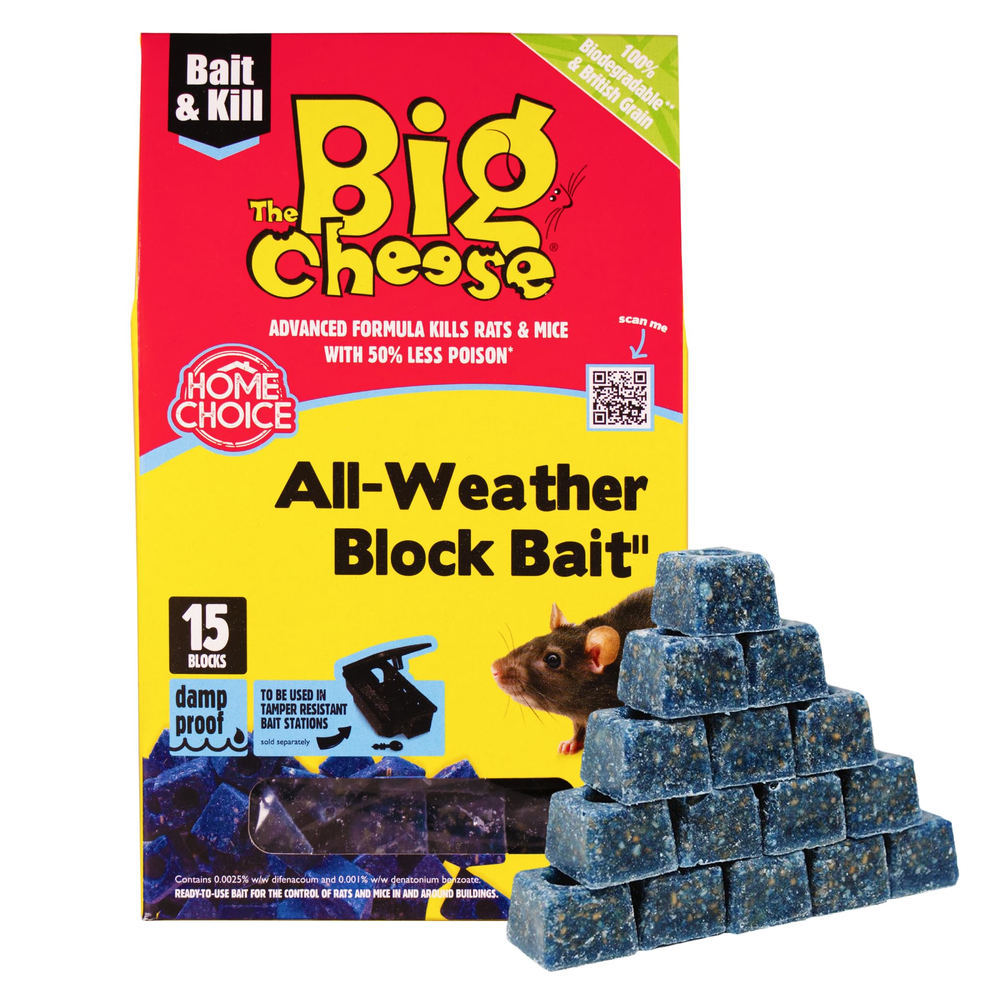 The Big Cheese All-Weather Bait Block - 15 x 10g, Kills Mice and Rats, Pest Control Product - Rat Killer For Mouse Traps, Damp-Proof, Weather-Resistant - Super Strength Rat Poisoning, Pet Safe