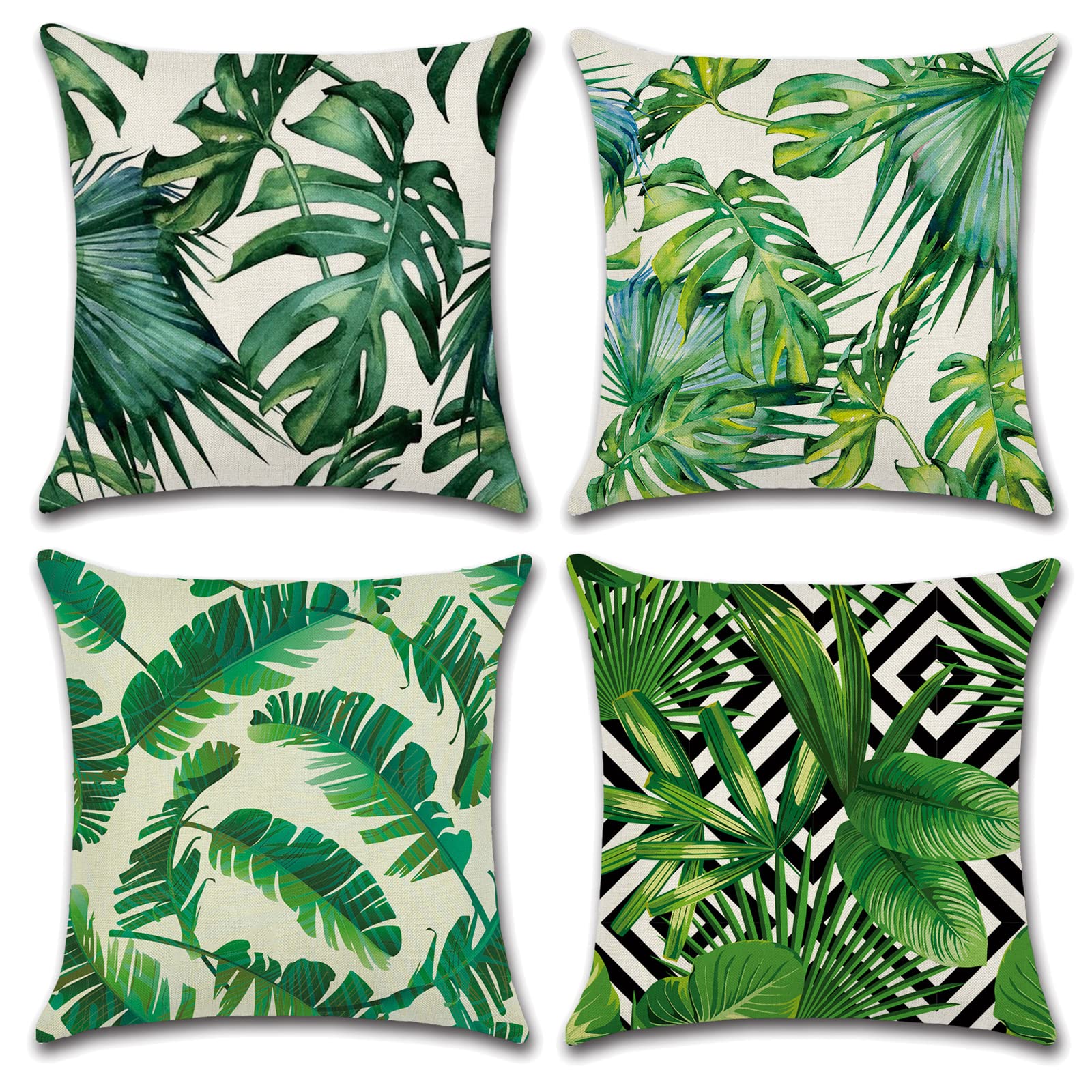 OCEUMACO Linen Cushion Covers 45 x 45 cm for Sofa Bedroom Set of 4 Square Jungle Leaf Throw Pillow Cases 18x18 Outdoor Geometric Tropical Leaves Pillowcases Cushions Cover - Emerald Green