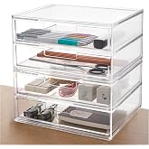 STORi Stackable Desk Drawer Organizer, Clear Pen Pencil Makeup Brush Holder for Desktops and Vanities, 4 Wide Drawers (Made in USA)