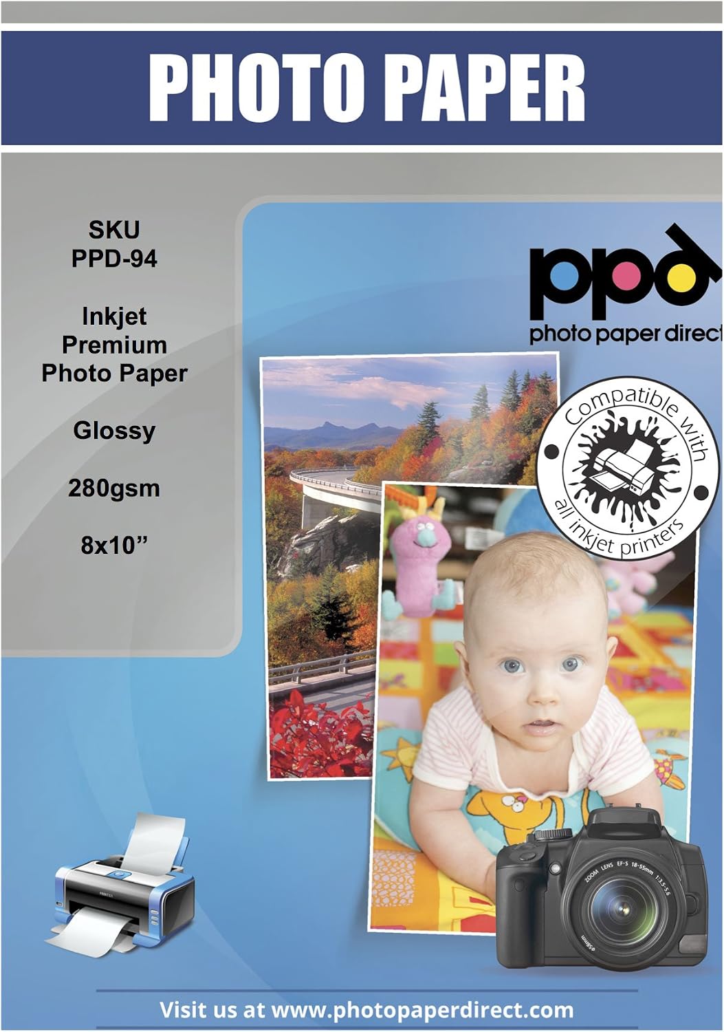 PPD Inkjet 8x10 Gloss Photo Paper Super Premium 280g - 50 Sheets PPD-94-50, White, 8x10"