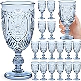 Wiwiqing 18 Pack Plastic Goblets 10oz Upgrade Vintage Water Goblet Plastic Wine Glasses Colored Retro Embossed Glassware for Party Wine Bar Juice Baby Shower Wedding Reception Grand (Blue)
