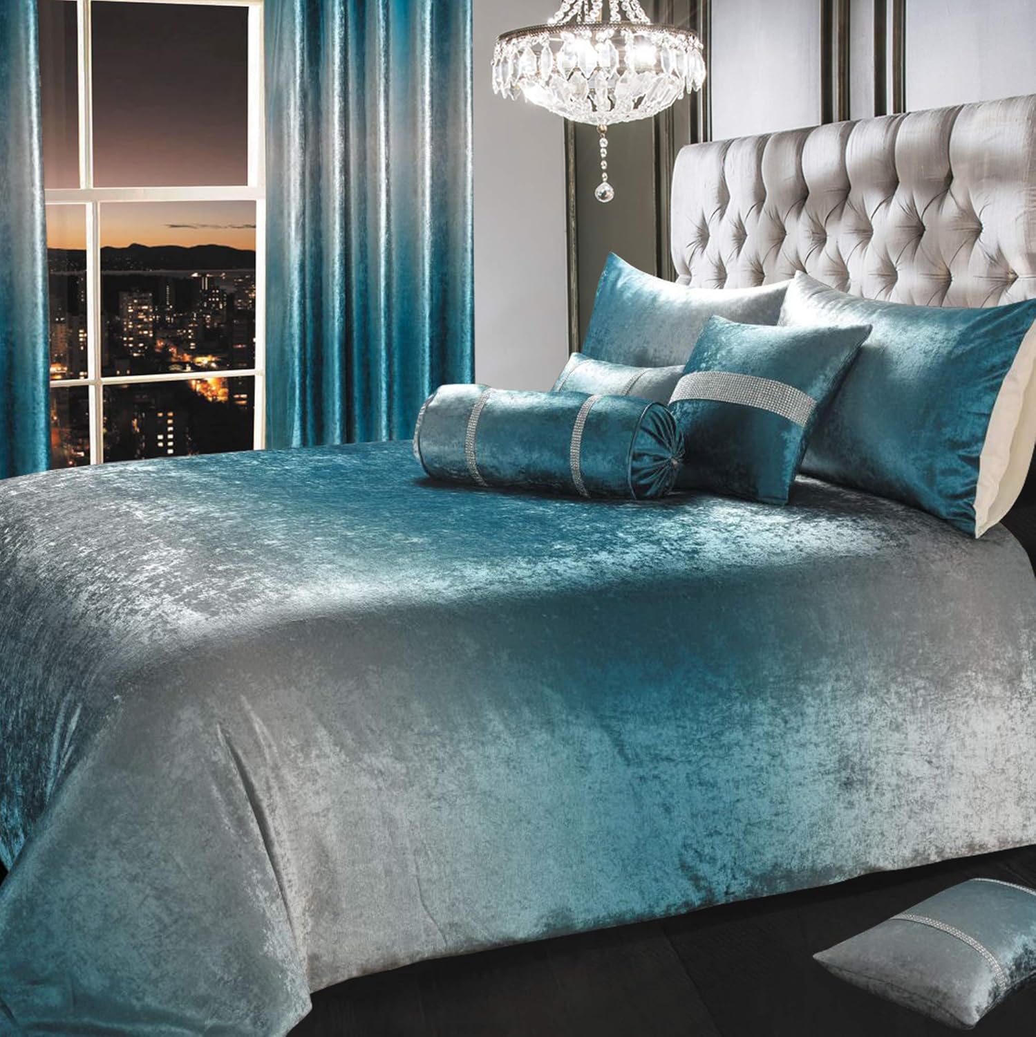 IHIdirect Crushed Velvet Ombre Teal Blue Silver Bedroom Co ordinates