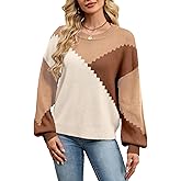SunnyMelody Womens Oversized Color Block Crew Neck Sweater Fall 2025 Trendy Ribbed Knit Long Sleeve Pullover Tops