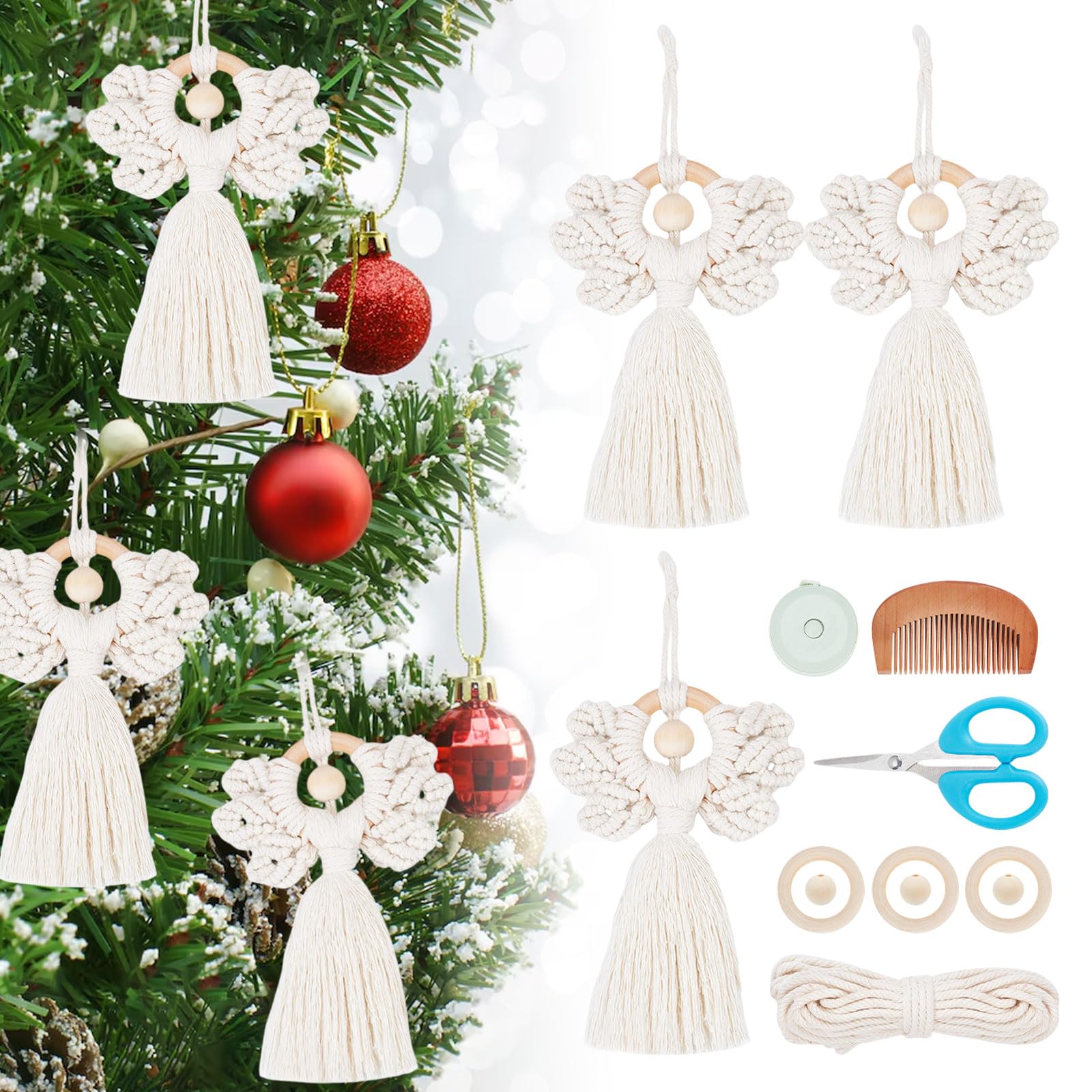 ORIGACH DIY Macrame Angel Kit for Beginners Adults - 3 Set Ornament, Boho Wall Hanging Decor, Handmade Fairy Decor for House Bedroom Living Room