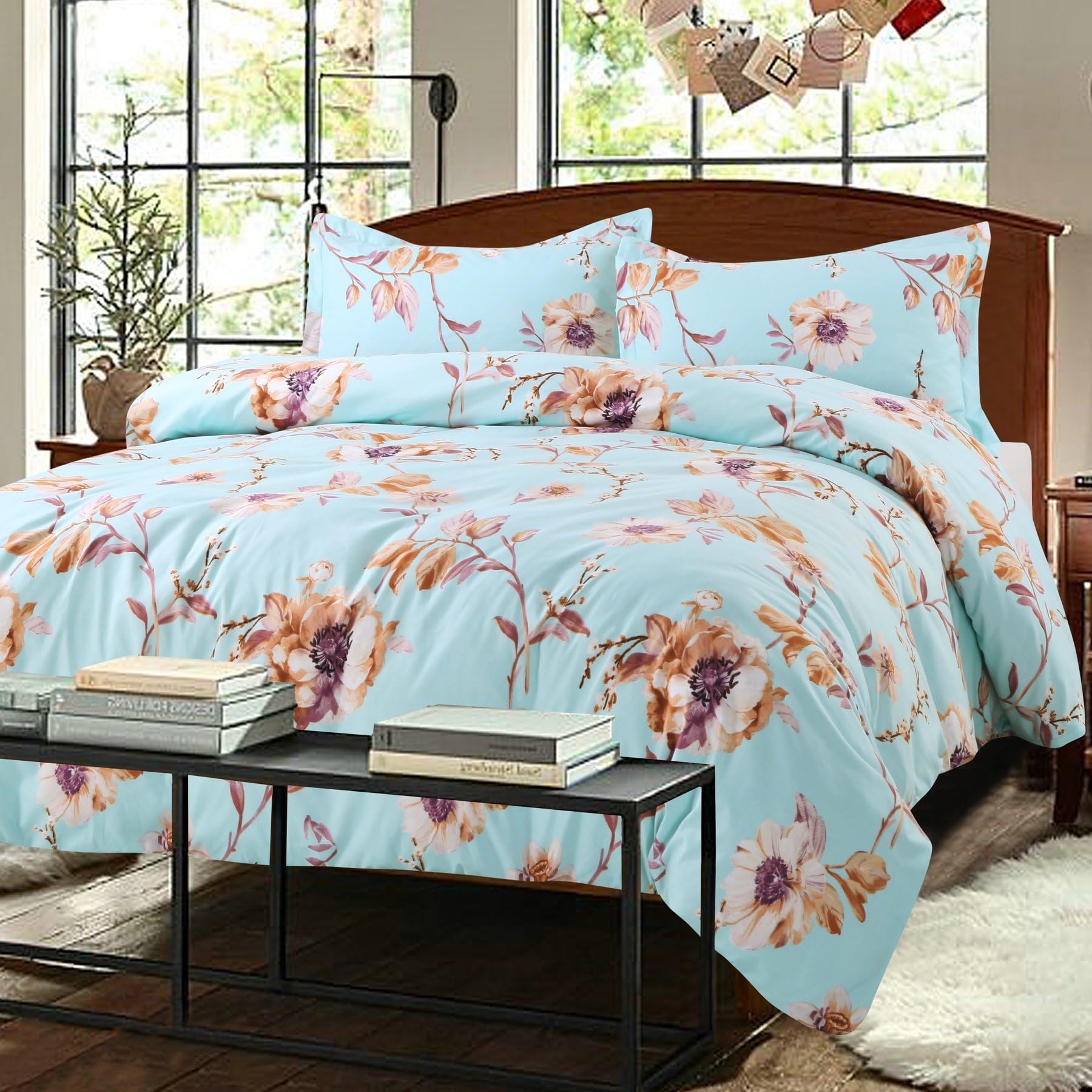KINA LINEN 3 Piece Floral Duvet Cover Set, Hotel Quality Soft Brushed Microfiber, King Size, Light Turquoise