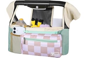 ERRUI Universal Stroller Organizer with Insulated Cup Holders and Detachable Phone Bag,Stroller Caddy Fits for Stroller Accessories like Uppababy, Baby Jogger, Doona, Nuna Stroller (Green Square grid)