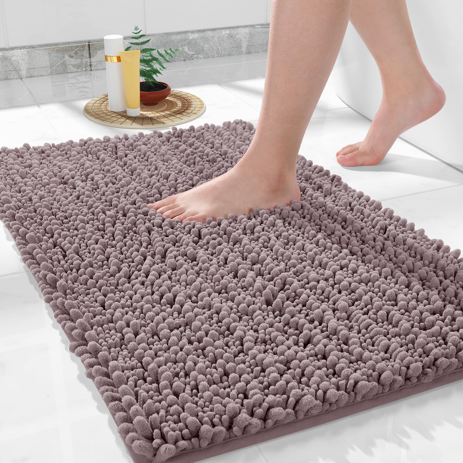 Photo 1 of Yimobra Bathroom Rugs Non Slip Washable 24x17 Inch - Ultra Soft Absorbent Chenille Bath Mat, Quick Dry Shaggy Floor Carpet for Tub Shower, Mauve Home Decor Accessories