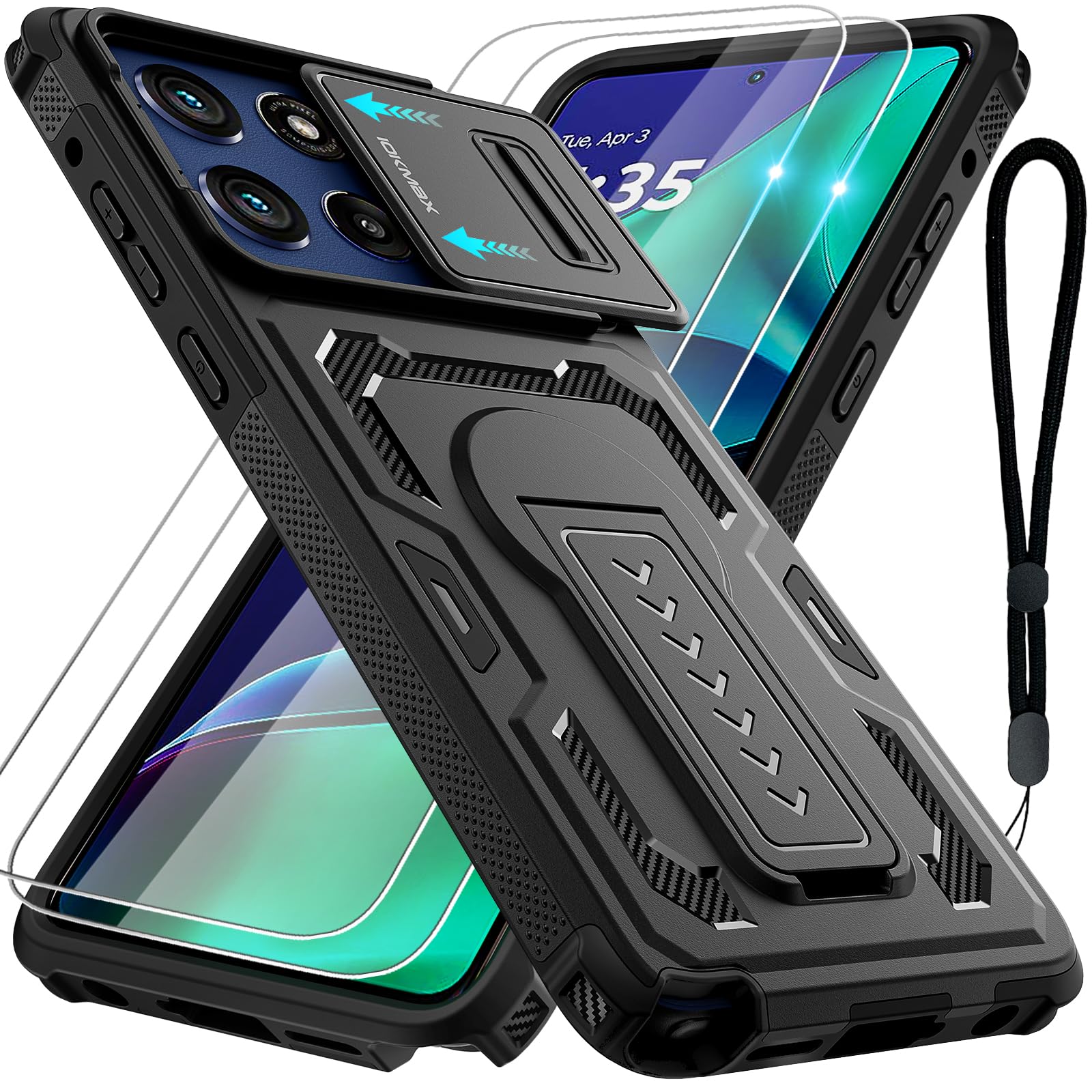 Iokmax for Motorola Moto G Stylus 5G 2025 Case with 2 Pack Screen Protector, Upgrade Slide Camera Cover & Kickstand, Lanyard Strap, Military Grade Shockproof Heavy Duty Robust Bumper Phone Case, Black
