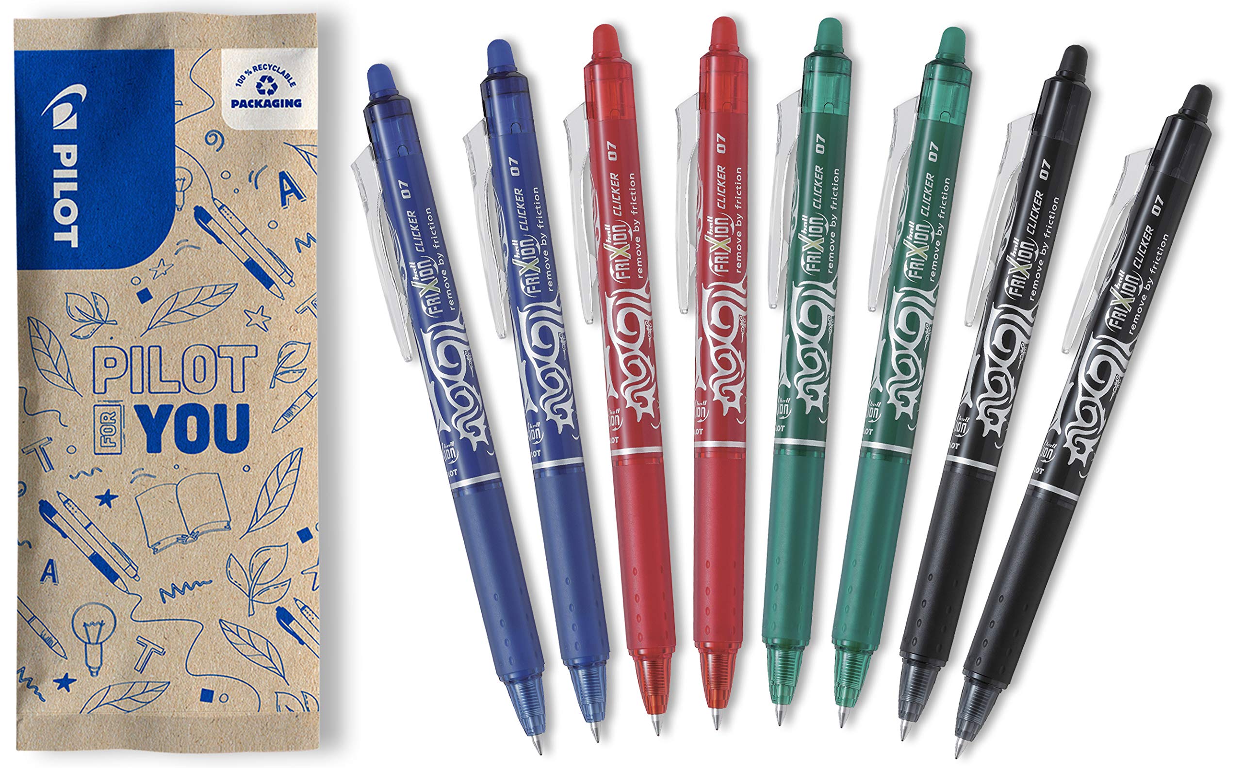 PILOT FriXion Clicker Erasable Rollerball Pen Set of 8 (Blue, Black, Red, Green)