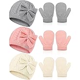 SATINIOR 3 Set Toddler Hat Glove Set, Kids Winter Hats Warm Knitted Beanie Mittens Gloves with Bow for Baby Girls Boys 0-6Y