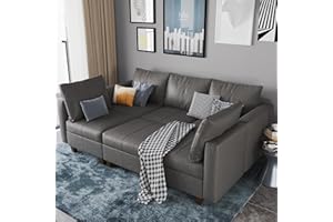 EASE MOOSE Faux Leather Sectional Modular Sleeper Sofa Sectional Sofa Bed with Storage, 6 Seat Convertible Modular Sofa Sectional Couch for Apartment Grey Leather sectional Sofa