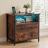 Tykacna 27 Inch LED Nightstand with Charging Station &amp; 2 Drawers, Retro | RGB App Control, 2 AC Outlets &amp; 2 USB Ports, Open Storage, Adjustable Feet, Wood Tall Nightstand for Bedroom or Office
