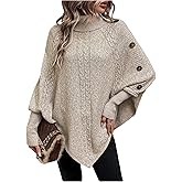MakeMeChic Women's Poncho Sweater Asymmetrical Turtleneck Knit Pullover Sweater Button Oversized Long Sleeve Poncho