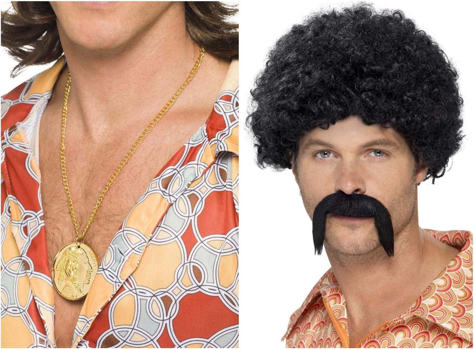 Fancy Dress World - Mens Womens 70's 118 Scouse Disco Kit - Wig, Tash and Medallion 43664 99675 - Great Retro 70's Fancy Dress Party Theme Fun