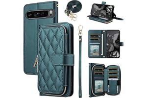 ELISORLI Argyle Wallet Case for Google Pixel 9/9 Pro/10/10 Pro 5G with Wrist/Shoulder Strap Card Slots Zipper Purse Luxury PU