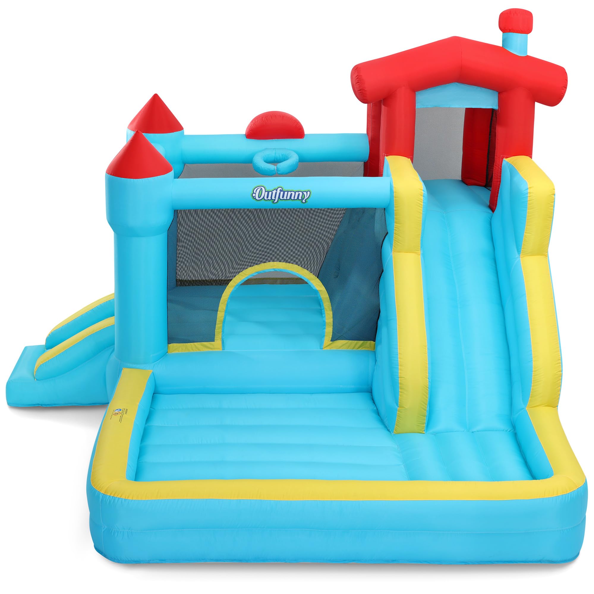 Outfunny Inflatable Bouncy Castle, Bounce House for Children 3-12 with Slide, Outdoor & Indoor, 450W Blower - Blue