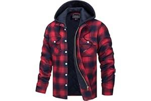 TACVASEN Men's Flannel Shirt Button Down Plaid Shirts with Hood Quilted Lined Casual Shacket Mens Winter Cotton Shirt