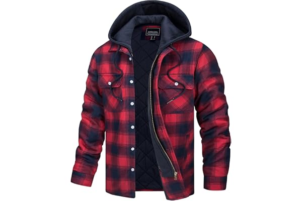 TACVASEN Men's Flannel Shirt Button Down Plaid Shirts with Hood Quilted Lined Casual Shacket Mens Winter Cotton Shirt