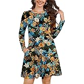 KORSIS Women Long Sleeve Tops T-Shirt Dresses Round Neck Casual A-Line Loose Swing Vocation Fall Winter Dress with Pockets