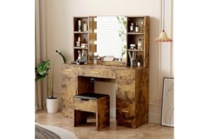 Farmhouse Vanity Set with Lighted Mirror, 10 LED Lights, 5 Metal Sliding Drawers, 3 Color Brightness Adjustable, 6 Open Shelv