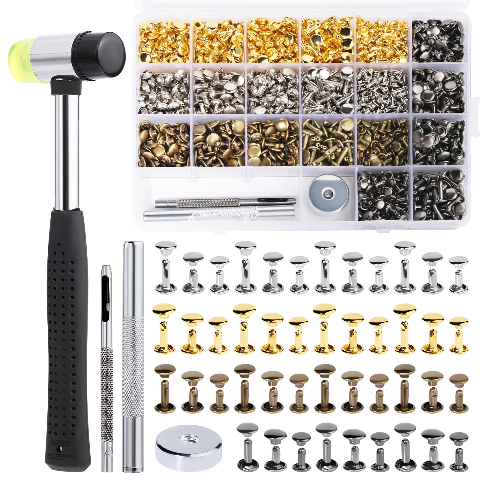 Easusy Leather Rivets, 600 Sets Multicolor Double Cap Rivets, Rivet Kit with Hollow Punch,Punch Tool and Rubber Harmmer for Leather Crafts, Clothes, Shoes, Jackets