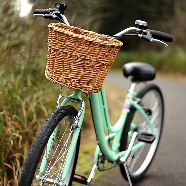 PROSOURCE WICKER BIKE BASKET FRONT CARGO FOR WOMEN AND MEN, FITS MOST BICYCLES, BEACH CRUISERS, STATIONARY EQUIPMENT, AND EBIKES, LIGHT BROWN