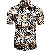 fohemr Mens Black Gold Dress Shirts Luxury Short Sleeve Chain Print Shirt Baroque Casual Button Down Design Buchona Shirts