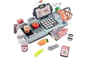 Pretend Play Cash Register Toy Role Play Shopping Cashier Playset with Sound Scanner Food Shopping Basket Pretend Credit Card