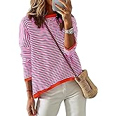 ZESICA Women's Fall Striped Sweaters Long Sleeve Crew Neck Shirts Color Block Lightweight Pullover Tops Rose Medium