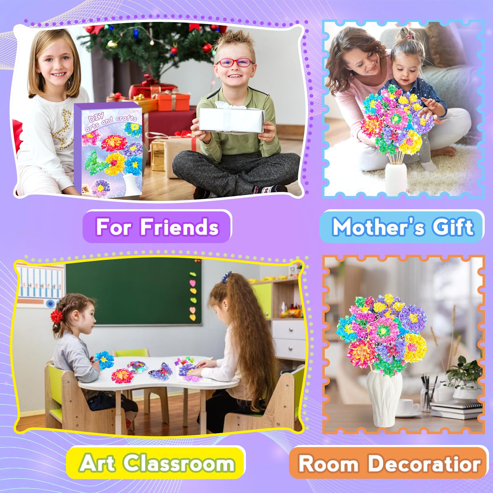 Poke Art Bastelset Kinder ab 4 Jahre,DIY-Einschulung Geschenke für Mädchen Spielzeug 5-12Jahre Kindergeburtstag Kunstblumenstrauß Blumen Bastelkoffer Blumenstrauß mit Pailletten Kreativ Set für Kinder 7