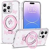 ETPESOK Compatible with iPhone 14 Pro Max Case Clear Pink Butterfly Pattern Design with Magnetic Ring Stand [Compatible with Mag-Safe] Cute Soft TPU Shockproof Protective Phone Case for Women, Pink