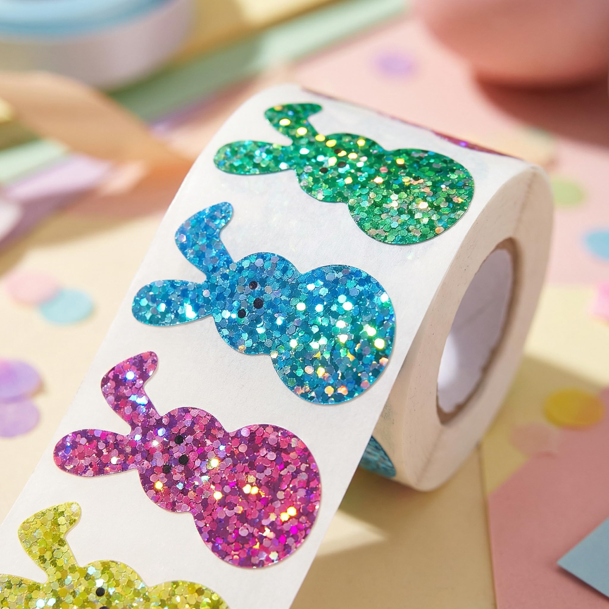 500 PCS Bling Sparkly Easter Bunny Stickers - 1.5'' x 0.8'' Large, 1 Roll of 5 Colors | Easter Basket Essentials Stuff, Waterproof Self-Adhesive Rabbit Stickers for Holiday Cards Boxes Seal Envelopes