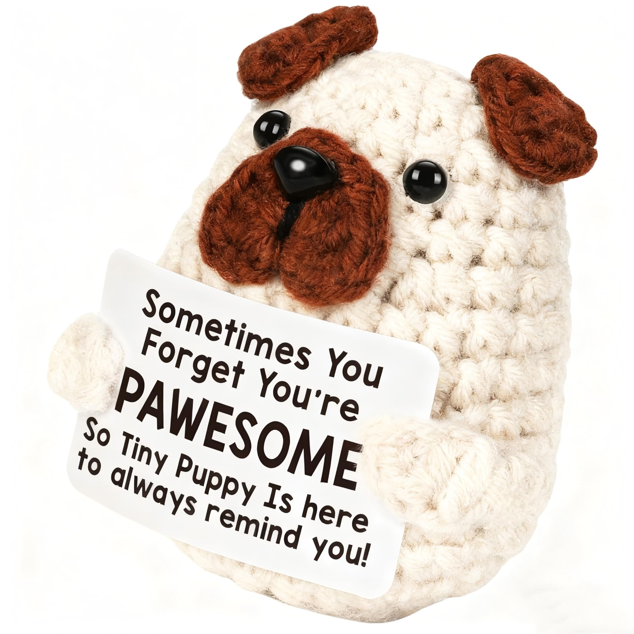 Yuannee Positive Crochet Animals,Positive Puppy Gifts Good Lock with Funny Inspirational Quotes Card Handmade Cute Knitted Doll Pug Cheer Up Gifts for Dog Lovers Office Home Decor