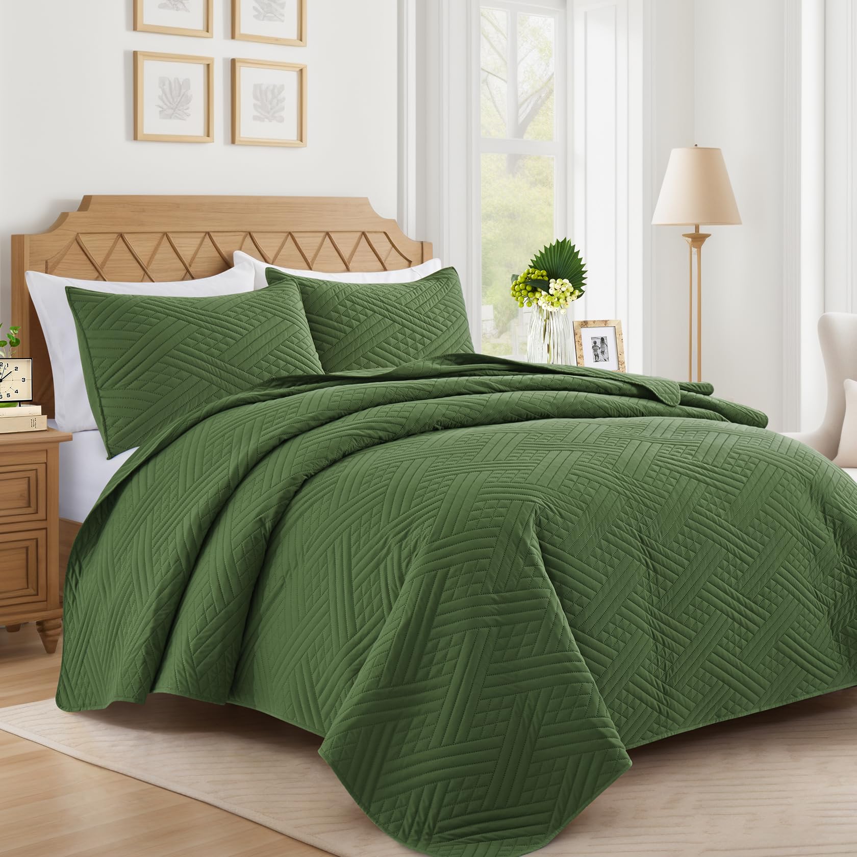 Lavsiry Olive Green Quilt Oversized California King Size with Striped Pattern, Lightweight Soft Summer Thin Bedspread & Coverlet Bedding Set for All Seasons - 3 Piece(1 Quilt, 2 Pillow Shams) Image