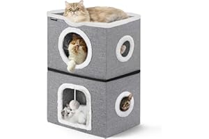 URPOWER 2 Story Cat Bed, Large Cat House for Indoor Cats Covered Cat Cave with Hideaway, Scratch Pad and Fluffy Ball, Foldable Cat Cube Condos Kitten Beds & Furniture for Multiple Small Pets