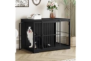 Hzuaneri XL Large Dog Crate Furniture, 44.1" Indoor Dog Kennel Furniture with Barn Door, Wooden Tall Dog Crate, Heavy Duty Dog Cage for Large Dogs, Side End Table, Anti-Chew, Black DFC80104B