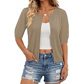 LUYAA Short Sleeve Cardigans for Women Summer Lightweight Cropped Sweater | Puff Sleeve Tops, Business Casual Tops, Lightweight Cardigan, Skin Friendly, Scalloped Crew Neck, Date Nights &amp; Classic