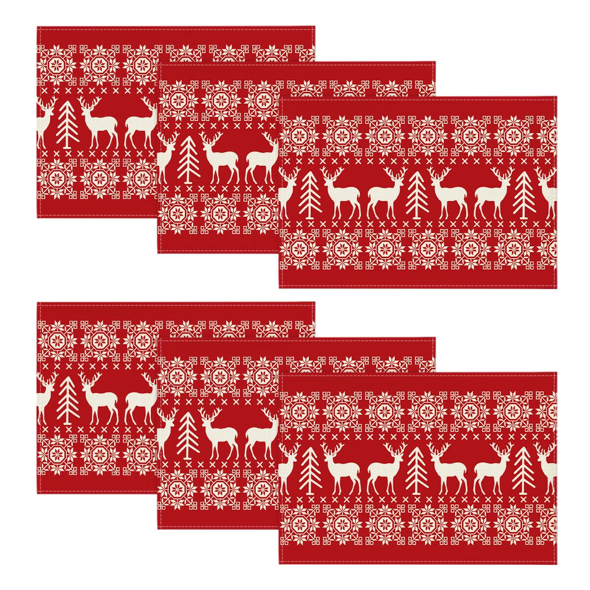 Artoid Mode Red Reindeers Christmas Placemats Set of 6, 30 x 45cm Seasonal Winter Merry Xmas Holiday Vintage Washable Table Mats