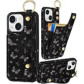 Petitian for iPhone 15 Plus Case with Wallet - Women Girls Cute Girly Aesthetic Unique Design with Leather Credit Card Holder Cardholder Stand Wristband for Apple 15 Plus, Black Butterfly