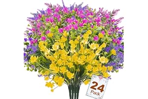 MAXKES 24 Bundles Artificial Flowers for Outdoors, Artificial Plants UV Resistant Fake Flowers Greenery Shrubs Plants for Decoration Outdoor Plants Hanging Planter Home Garden Decor