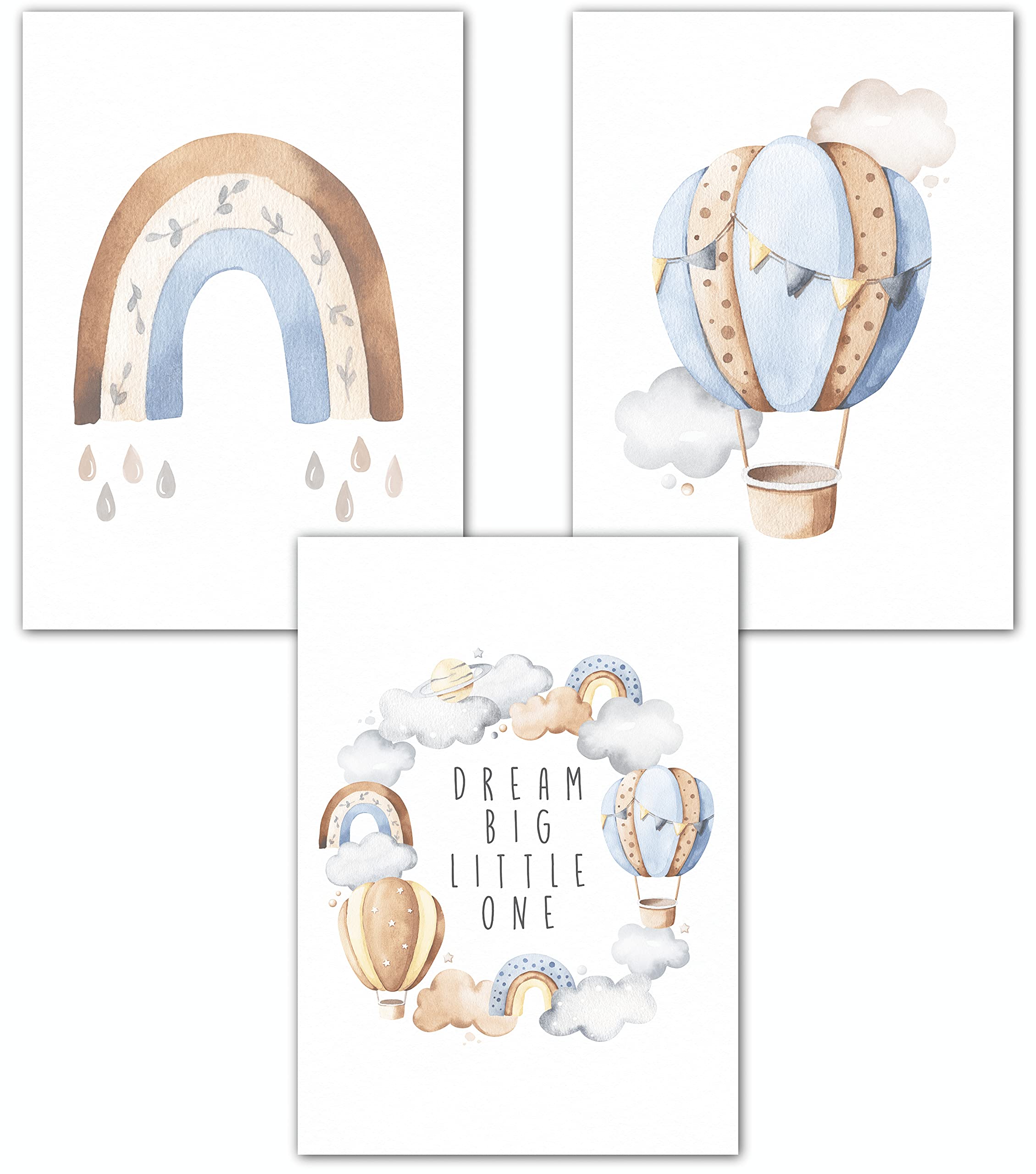 Lemmami Papeterie Set of 3 Boho Decorative Children's Room Baby Room Poster Pictures Girl Boy Dream Big Little One (Blue Hot Air Balloon Rainbow)