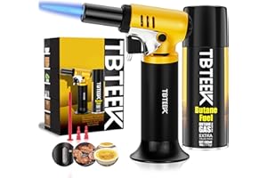 TBTeek Torch Lighter with Butane Included, T907 Butane Torch with 180ml Fuel Refill, Refiilable Kitchen Torch Lighter with Adjustable Flame for BBQ, Brulee Creme, Crafts and Soldering (1 Can)