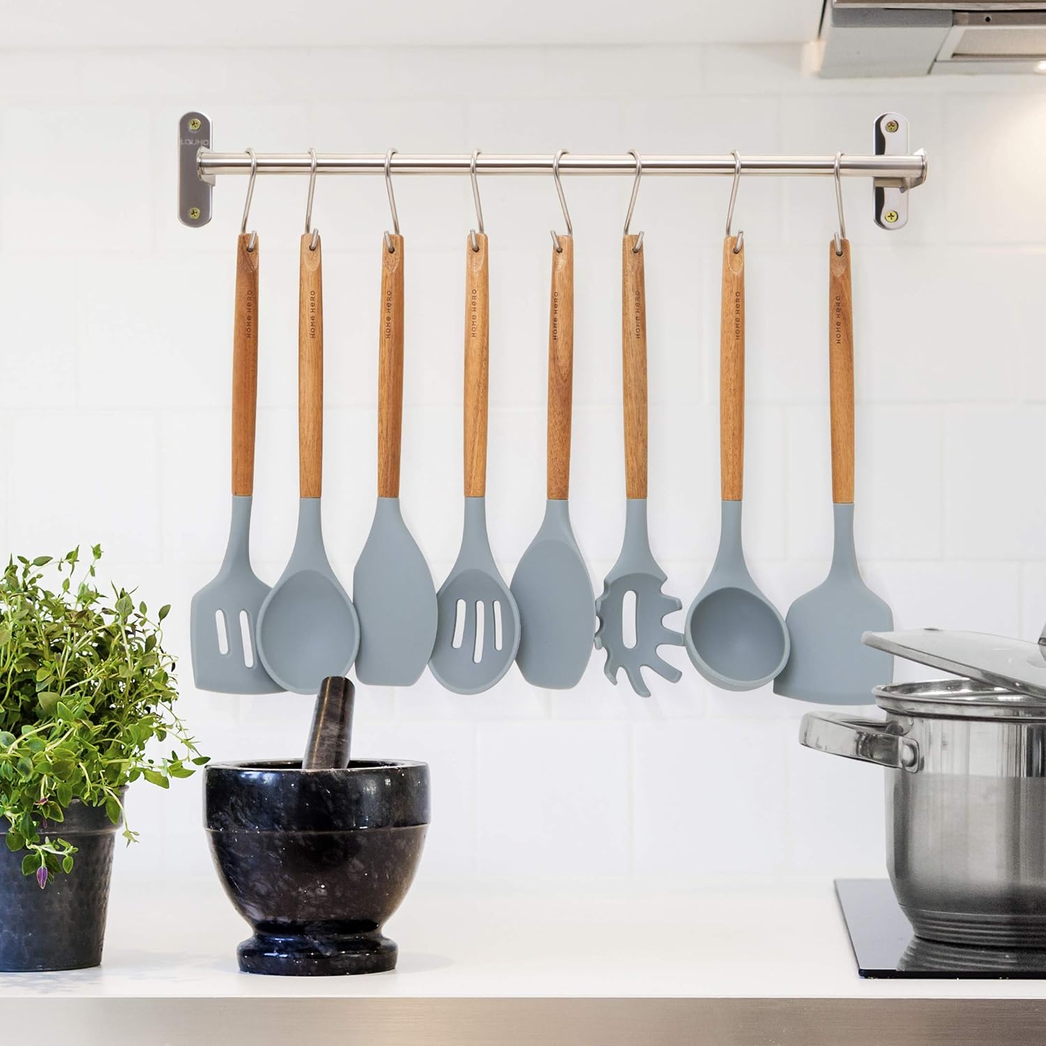 Home Hero Silicone Cooking Utensils Kitchen Utensil Set - 8 Natural Acacia Wooden Silicone Kitchen Utensils Set - Silicone Utensil Set Spatula Set - Silicone Utensils Cooking Utensil Set: Kitchen & Dining