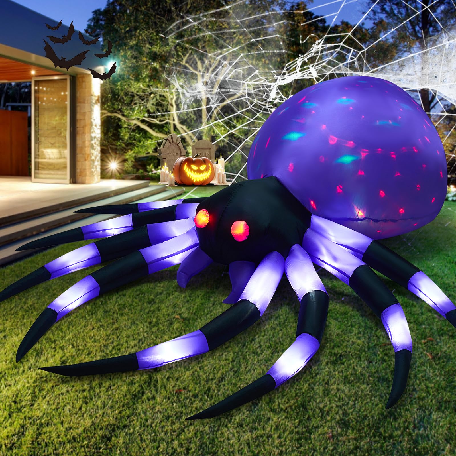 Photo 1 of 12FT Halloween Inflatables Giant Spider with 18 Built-in LED Lights and Magic Cube Light, Halloween Blowups for Yard, Garden and Lawn Outdoor Decoration (Purple, 12FT)
